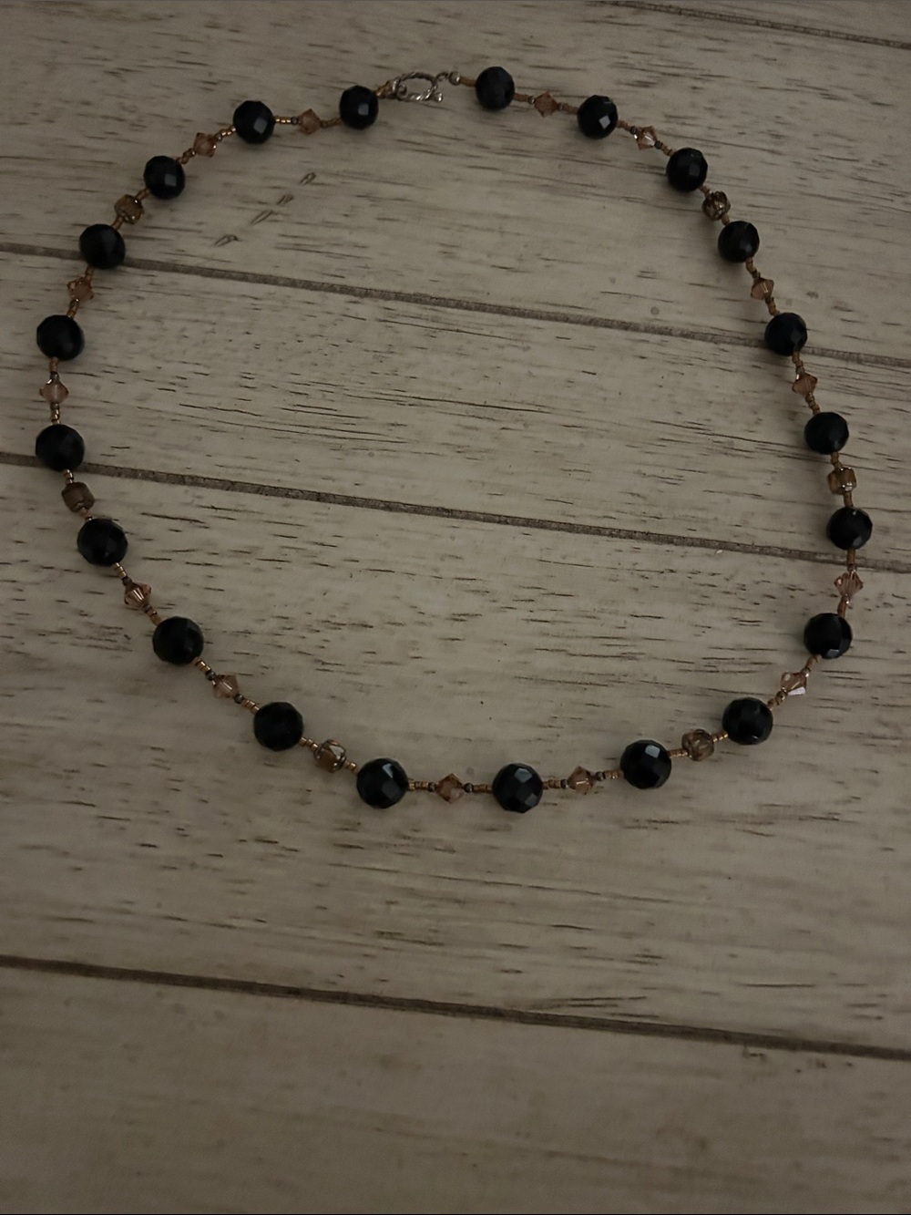 Faceted Black Bead Necklace with Brown-Gold Accents